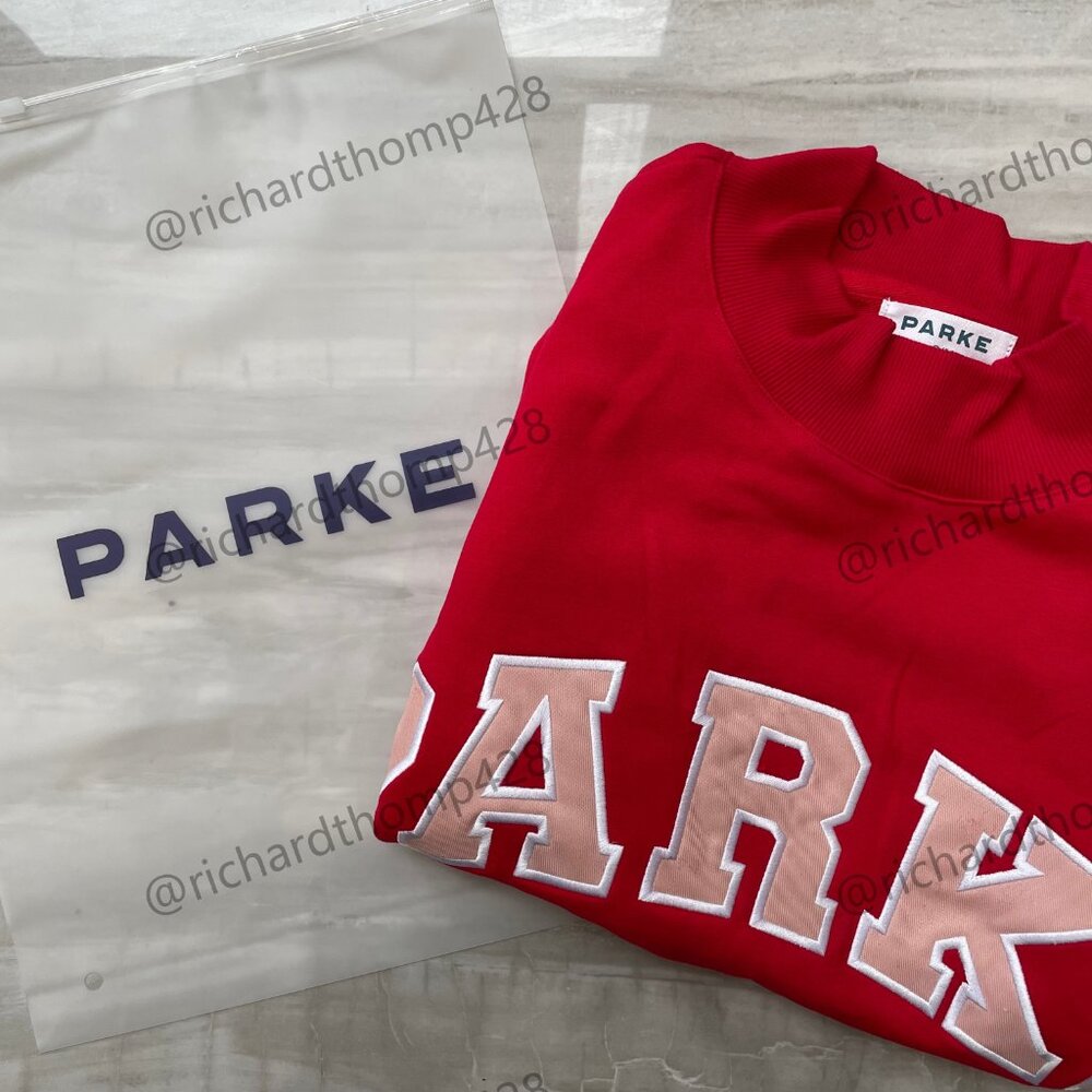 PARKE Red Mock Neck Sweatshirt Oversized Varsity Logo Crewneck - Picture 7 of 7